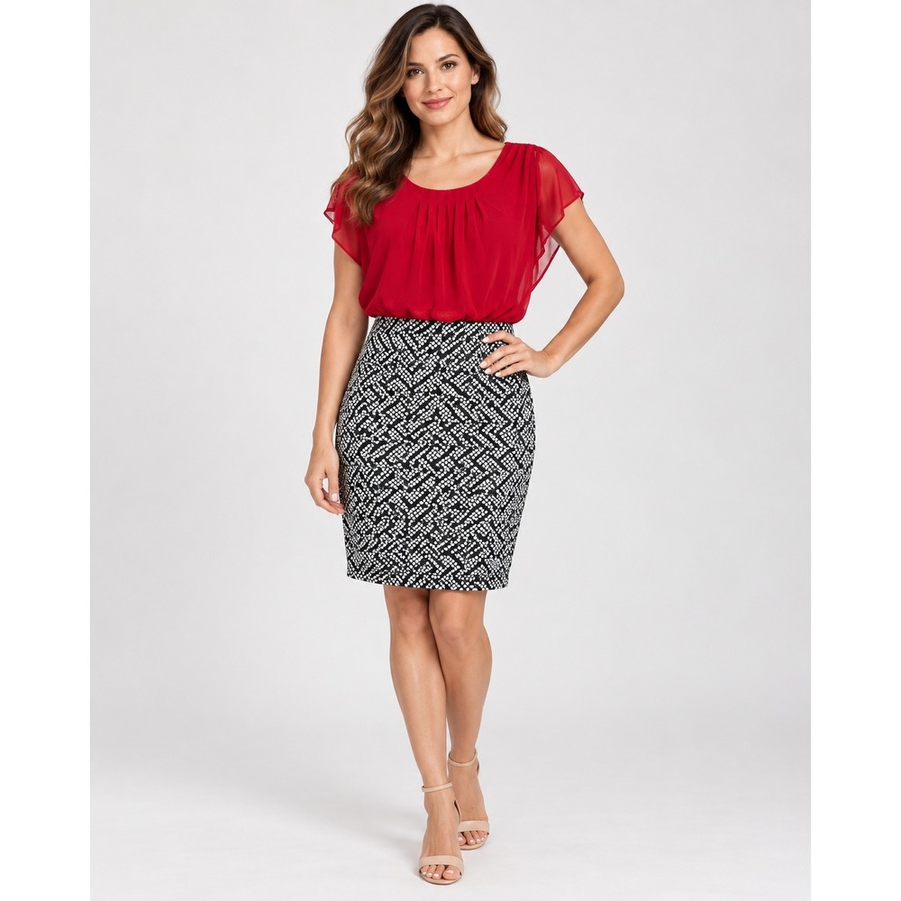 Enfocus Studio Sheath Dress Red Chiffon Black Geometric Print Women 10 Office